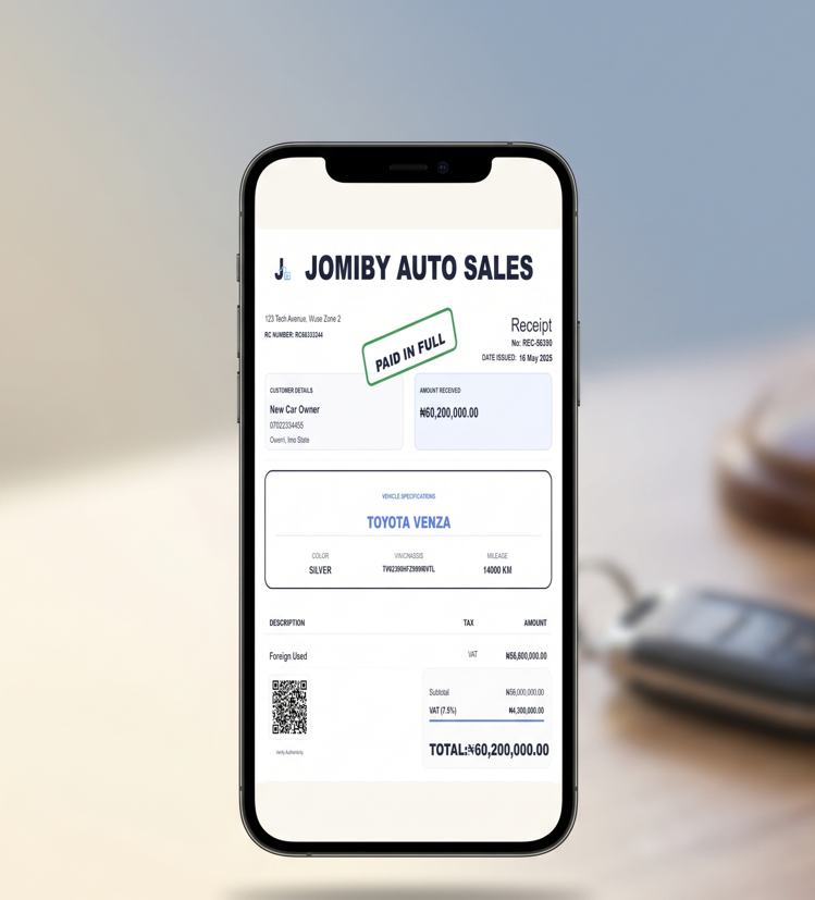 Jomiby eReceipt app showing a branded receipt on a phone