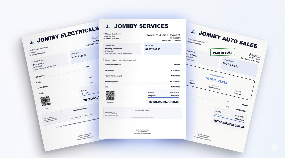 Sample Jomiby eReceipts tailored to car dealerships, consulting and retail